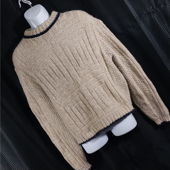 VAN HEUSEN! GORGEOUS TAN BEIGE W/BLUE TRIM FINE WOOL FISHERMAN',S SWEATER! SZ M - Picture 9 of 9
